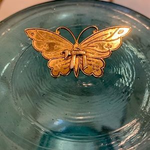 Vintage Gold Metal Butterfly Brooch with Chai Letter